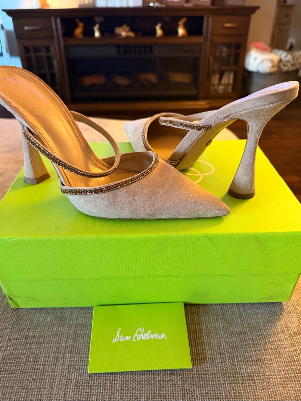 Sam Edelman Beige Suede Pointed-Toe Mule Heels with Embellished Straps